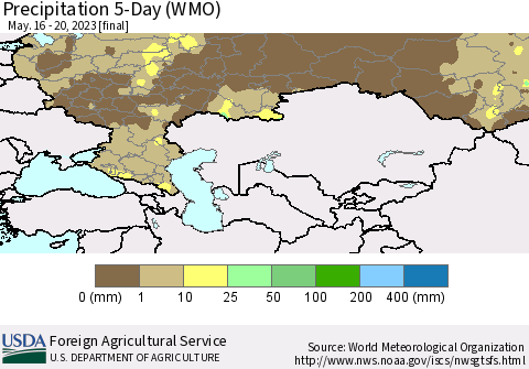 Russian Federation Precipitation 5-Day (WMO) Thematic Map For 5/16/2023 - 5/20/2023