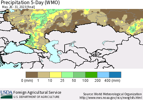 Russian Federation Precipitation 5-Day (WMO) Thematic Map For 5/26/2023 - 5/31/2023
