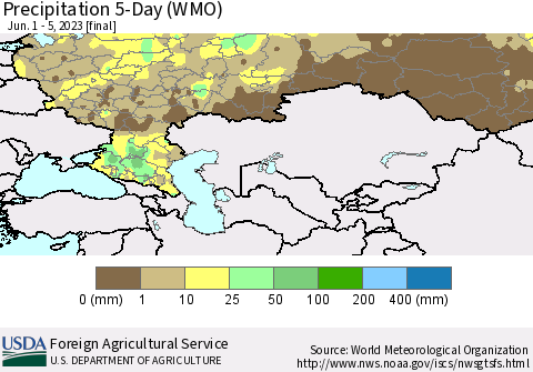 Russian Federation Precipitation 5-Day (WMO) Thematic Map For 6/1/2023 - 6/5/2023