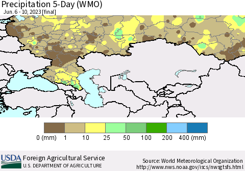 Russian Federation Precipitation 5-Day (WMO) Thematic Map For 6/6/2023 - 6/10/2023