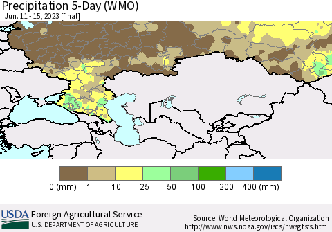 Russian Federation Precipitation 5-Day (WMO) Thematic Map For 6/11/2023 - 6/15/2023