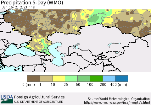 Russian Federation Precipitation 5-Day (WMO) Thematic Map For 6/16/2023 - 6/20/2023