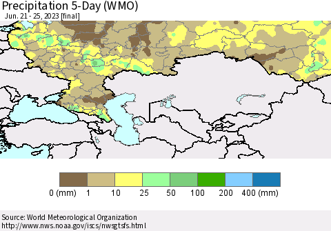 Russian Federation Precipitation 5-Day (WMO) Thematic Map For 6/21/2023 - 6/25/2023