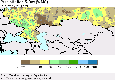 Russian Federation Precipitation 5-Day (WMO) Thematic Map For 6/26/2023 - 6/30/2023