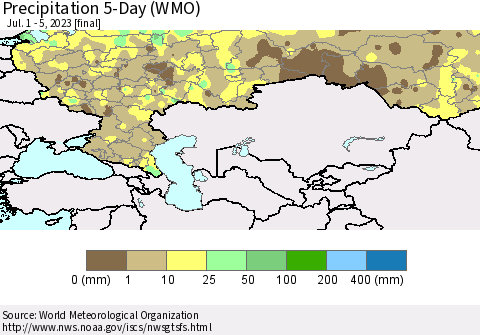 Russian Federation Precipitation 5-Day (WMO) Thematic Map For 7/1/2023 - 7/5/2023