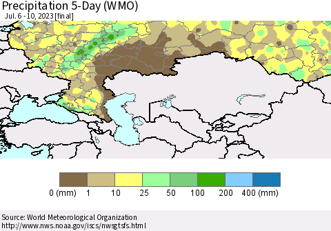 Russian Federation Precipitation 5-Day (WMO) Thematic Map For 7/6/2023 - 7/10/2023