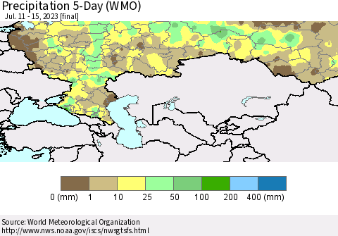 Russian Federation Precipitation 5-Day (WMO) Thematic Map For 7/11/2023 - 7/15/2023