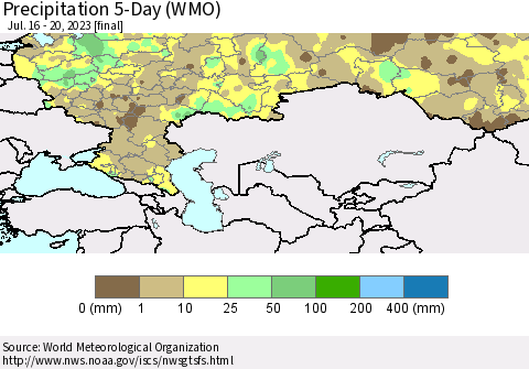 Russian Federation Precipitation 5-Day (WMO) Thematic Map For 7/16/2023 - 7/20/2023