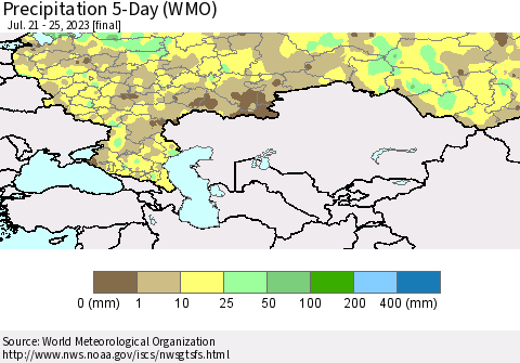 Russian Federation Precipitation 5-Day (WMO) Thematic Map For 7/21/2023 - 7/25/2023