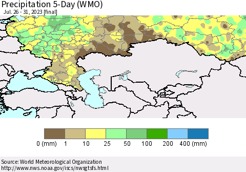 Russian Federation Precipitation 5-Day (WMO) Thematic Map For 7/26/2023 - 7/31/2023