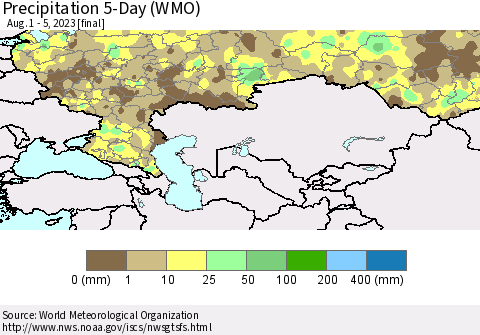 Russian Federation Precipitation 5-Day (WMO) Thematic Map For 8/1/2023 - 8/5/2023