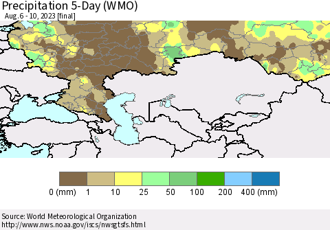 Russian Federation Precipitation 5-Day (WMO) Thematic Map For 8/6/2023 - 8/10/2023