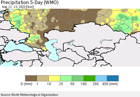 Russian Federation Precipitation 5-Day (WMO) Thematic Map For 8/11/2023 - 8/15/2023
