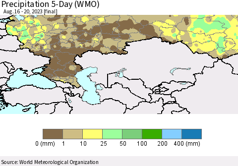 Russian Federation Precipitation 5-Day (WMO) Thematic Map For 8/16/2023 - 8/20/2023