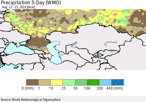 Russian Federation Precipitation 5-Day (WMO) Thematic Map For 8/21/2023 - 8/25/2023