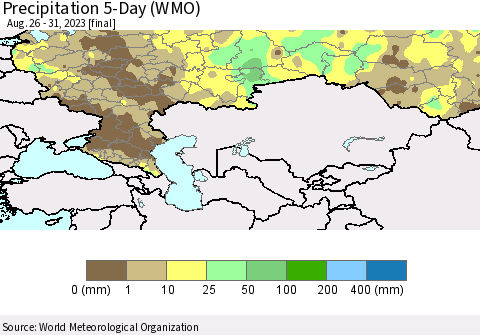 Russian Federation Precipitation 5-Day (WMO) Thematic Map For 8/26/2023 - 8/31/2023