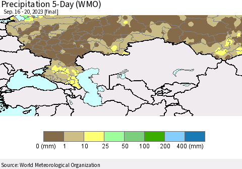 Russian Federation Precipitation 5-Day (WMO) Thematic Map For 9/16/2023 - 9/20/2023