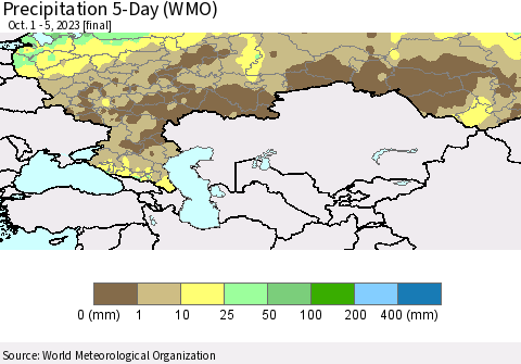 Russian Federation Precipitation 5-Day (WMO) Thematic Map For 10/1/2023 - 10/5/2023