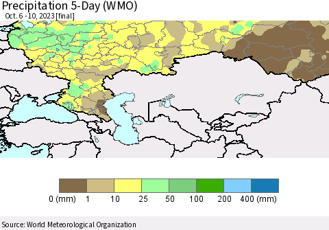 Russian Federation Precipitation 5-Day (WMO) Thematic Map For 10/6/2023 - 10/10/2023