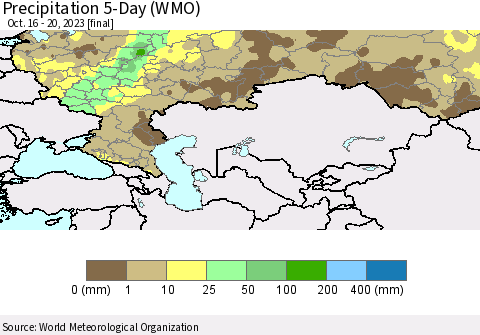 Russian Federation Precipitation 5-Day (WMO) Thematic Map For 10/16/2023 - 10/20/2023