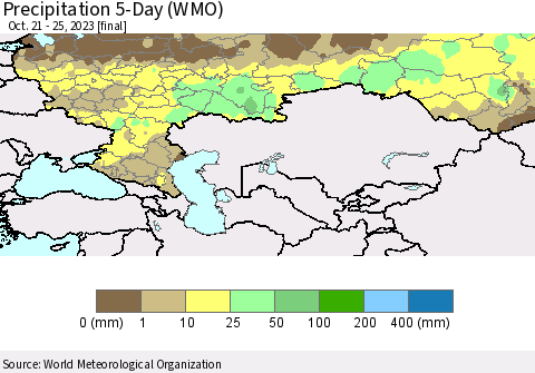 Russian Federation Precipitation 5-Day (WMO) Thematic Map For 10/21/2023 - 10/25/2023