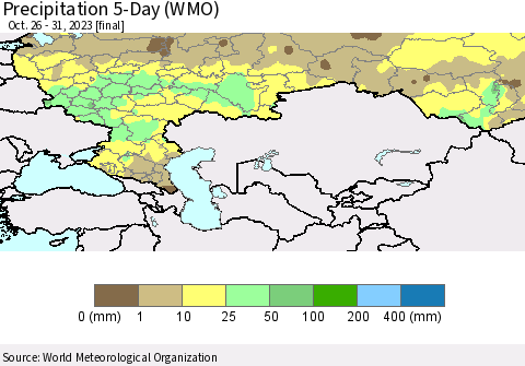 Russian Federation Precipitation 5-Day (WMO) Thematic Map For 10/26/2023 - 10/31/2023