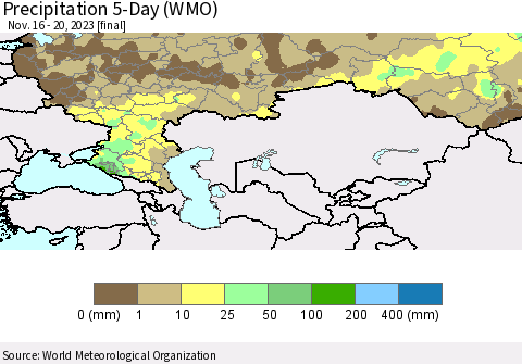 Russian Federation Precipitation 5-Day (WMO) Thematic Map For 11/16/2023 - 11/20/2023