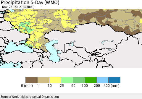 Russian Federation Precipitation 5-Day (WMO) Thematic Map For 11/26/2023 - 11/30/2023