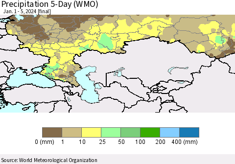 Russian Federation Precipitation 5-Day (WMO) Thematic Map For 1/1/2024 - 1/5/2024