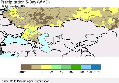 Russian Federation Precipitation 5-Day (WMO) Thematic Map For 1/6/2024 - 1/10/2024