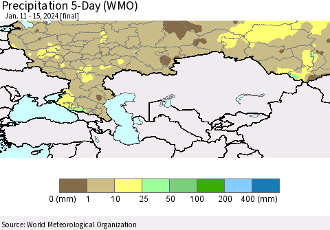 Russian Federation Precipitation 5-Day (WMO) Thematic Map For 1/11/2024 - 1/15/2024