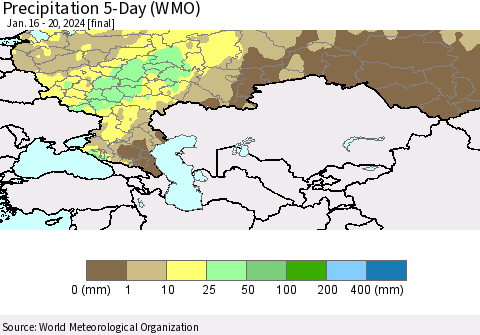 Russian Federation Precipitation 5-Day (WMO) Thematic Map For 1/16/2024 - 1/20/2024