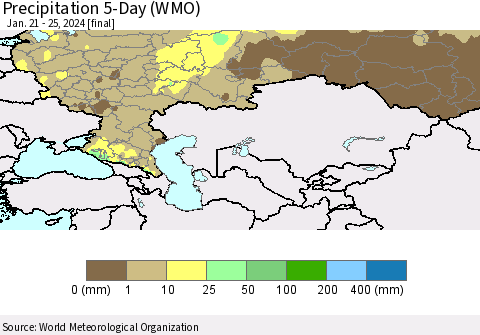 Russian Federation Precipitation 5-Day (WMO) Thematic Map For 1/21/2024 - 1/25/2024