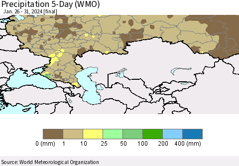 Russian Federation Precipitation 5-Day (WMO) Thematic Map For 1/26/2024 - 1/31/2024