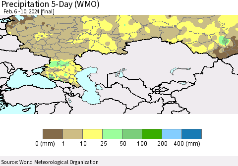 Russian Federation Precipitation 5-Day (WMO) Thematic Map For 2/6/2024 - 2/10/2024
