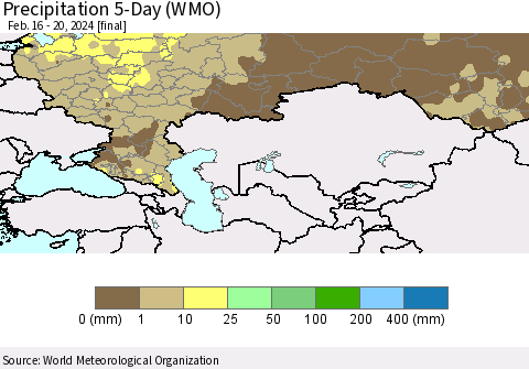 Russian Federation Precipitation 5-Day (WMO) Thematic Map For 2/16/2024 - 2/20/2024