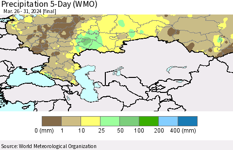 Russian Federation Precipitation 5-Day (WMO) Thematic Map For 3/26/2024 - 3/31/2024