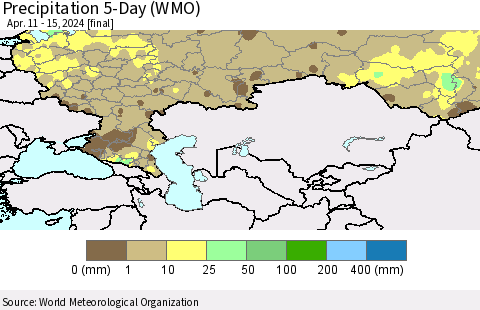 Russian Federation Precipitation 5-Day (WMO) Thematic Map For 4/11/2024 - 4/15/2024