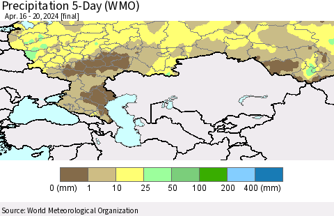 Russian Federation Precipitation 5-Day (WMO) Thematic Map For 4/16/2024 - 4/20/2024