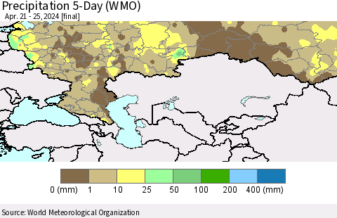 Russian Federation Precipitation 5-Day (WMO) Thematic Map For 4/21/2024 - 4/25/2024