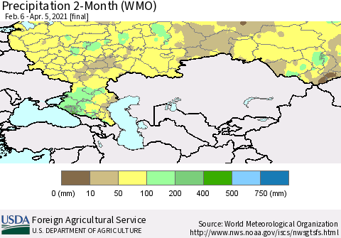 Russian Federation Precipitation 2-Month (WMO) Thematic Map For 2/6/2021 - 4/5/2021