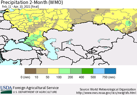 Russian Federation Precipitation 2-Month (WMO) Thematic Map For 2/11/2021 - 4/10/2021