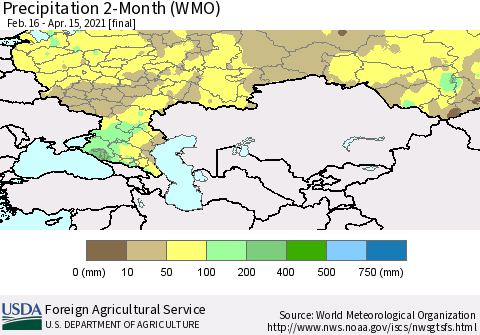 Russian Federation Precipitation 2-Month (WMO) Thematic Map For 2/16/2021 - 4/15/2021