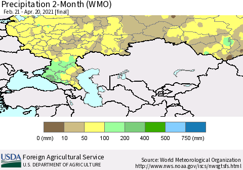 Russian Federation Precipitation 2-Month (WMO) Thematic Map For 2/21/2021 - 4/20/2021