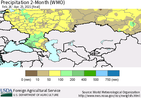 Russian Federation Precipitation 2-Month (WMO) Thematic Map For 2/26/2021 - 4/25/2021