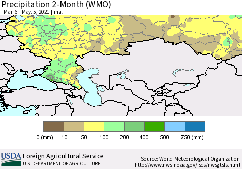 Russian Federation Precipitation 2-Month (WMO) Thematic Map For 3/6/2021 - 5/5/2021