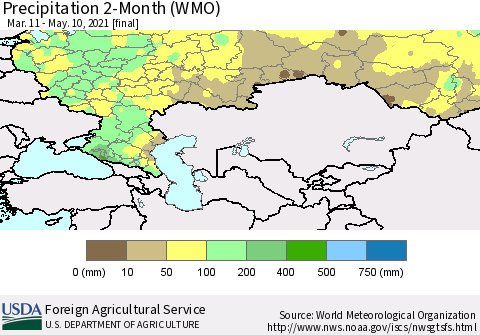 Russian Federation Precipitation 2-Month (WMO) Thematic Map For 3/11/2021 - 5/10/2021