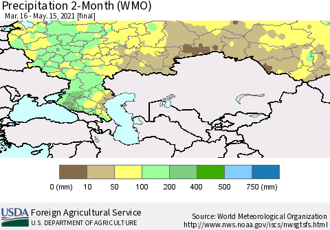 Russian Federation Precipitation 2-Month (WMO) Thematic Map For 3/16/2021 - 5/15/2021
