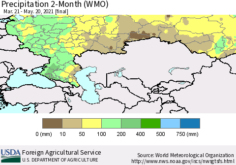 Russian Federation Precipitation 2-Month (WMO) Thematic Map For 3/21/2021 - 5/20/2021