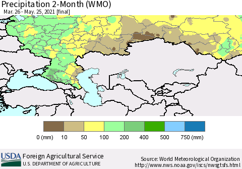Russian Federation Precipitation 2-Month (WMO) Thematic Map For 3/26/2021 - 5/25/2021